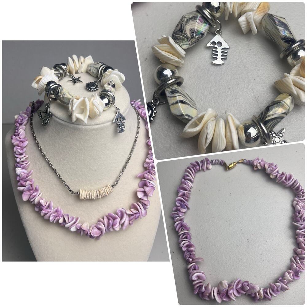 Vintage Hawaiian Shell Jewelry Lot Stretch Charm Bracelet Purple Necklace &Chain